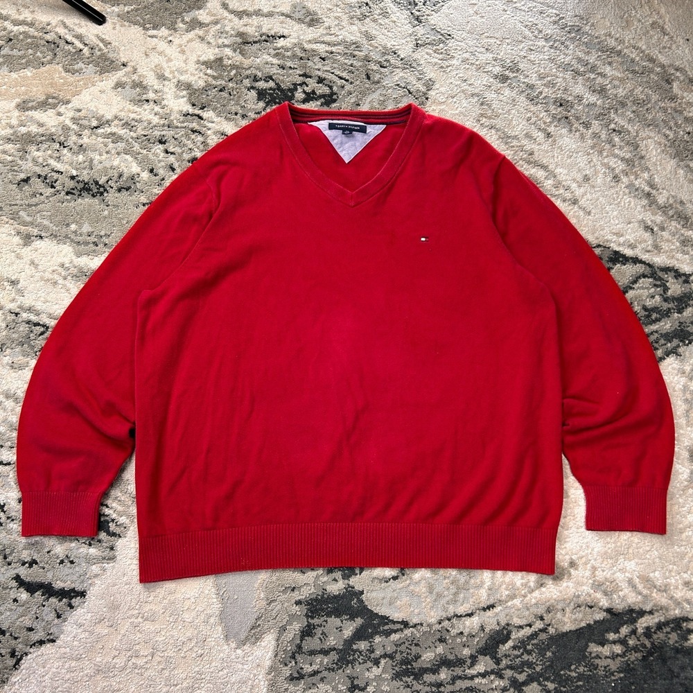 Tommy Hilfiger Sweater Mens 2XL Red Soft Knit Embroidered Logo‎ Outerwear V-Neck